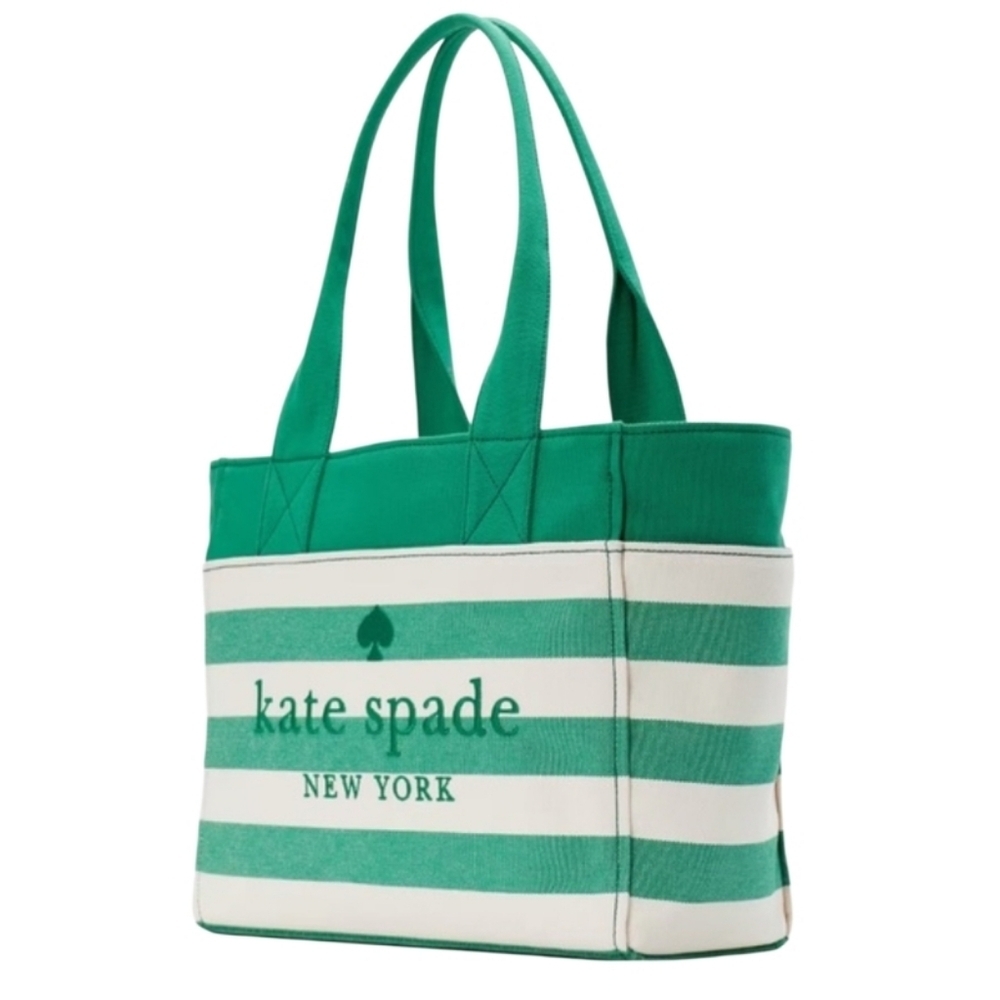 NEW! KATE SPADE Green Bean Striped Canvas Jett Large Tote Beach Bag.